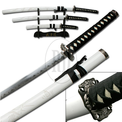 White 3 Sword Set w/Stand