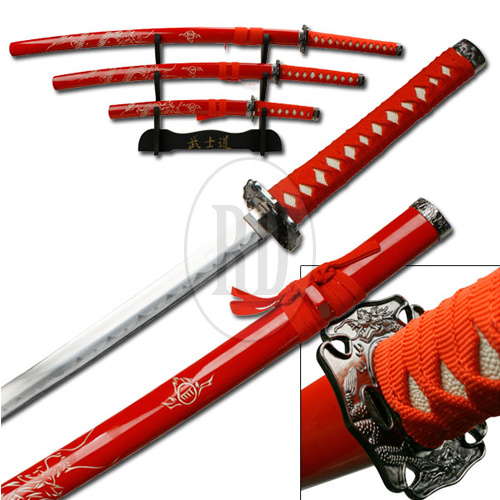 Red 3 Sword Set w/Stand