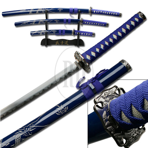 Blue 3 Sword Set w/Stand